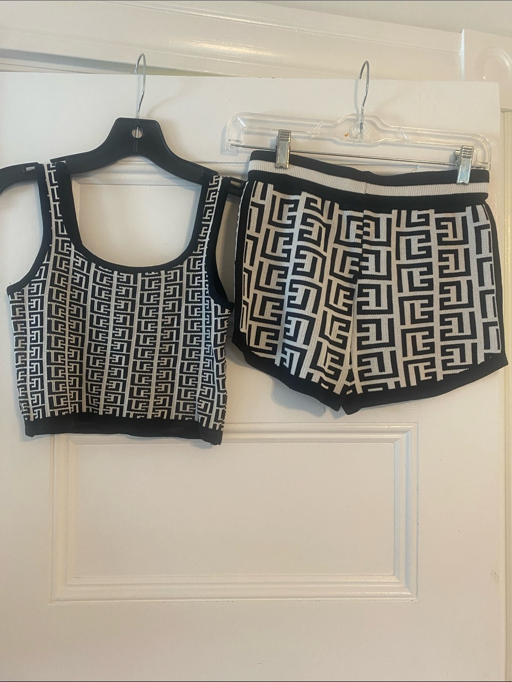 Black & White Geometric Knit Tank and Shorts Set